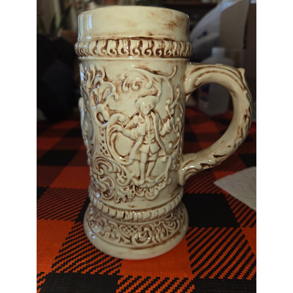 Vintage Ceramic Beer Stein Colonial Relief Tavern Scene Cream Brown Collectible